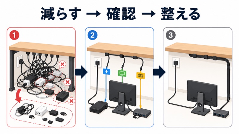 使わない充電器やケーブルを抜いて本数を減らし、デスク下を整理した様子