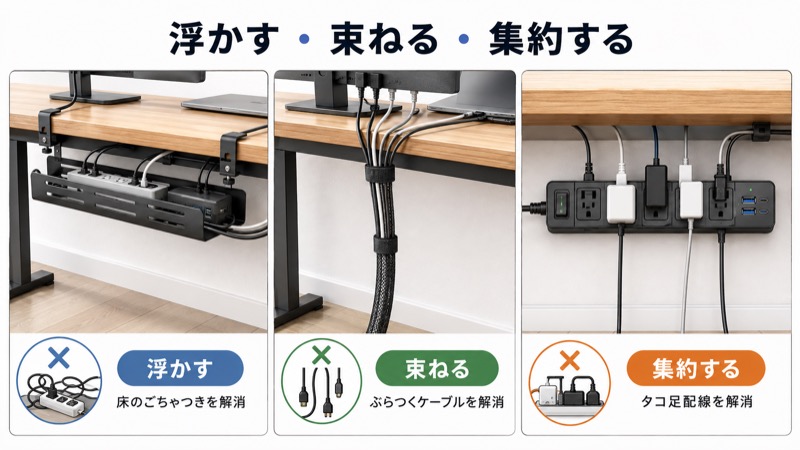 デスク下のケーブルトレーで配線を浮かせ、結束グッズでまとめて集約した様子