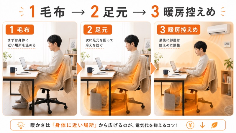 電気毛布からデスクヒーターへ足元を温める順番